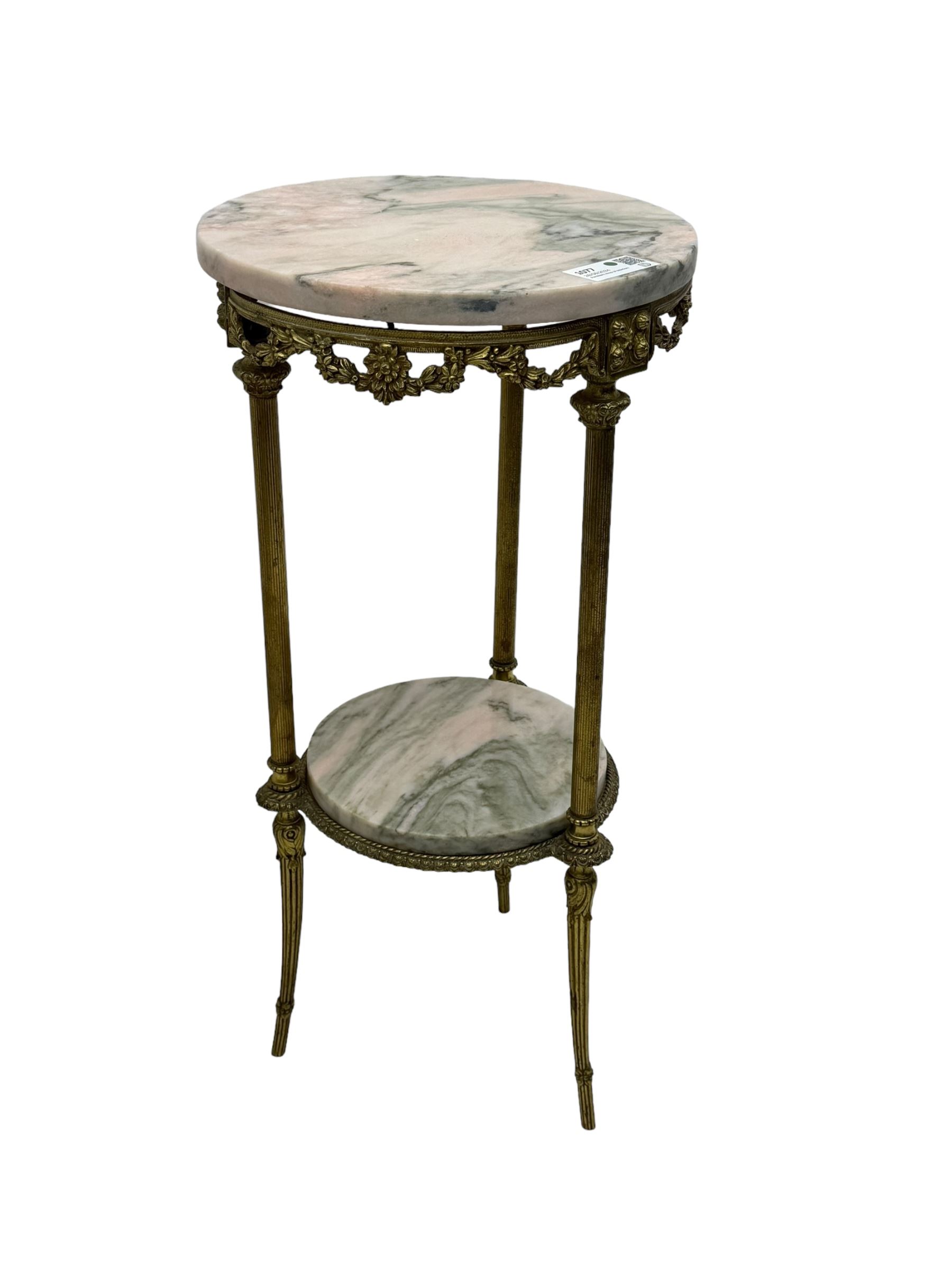 Late 20th century cast gilt metal and marble two-tier stand, pink and grey marble top and undertier, the base decorated with floral garlands, on reed moulded supports with splayed terminals 