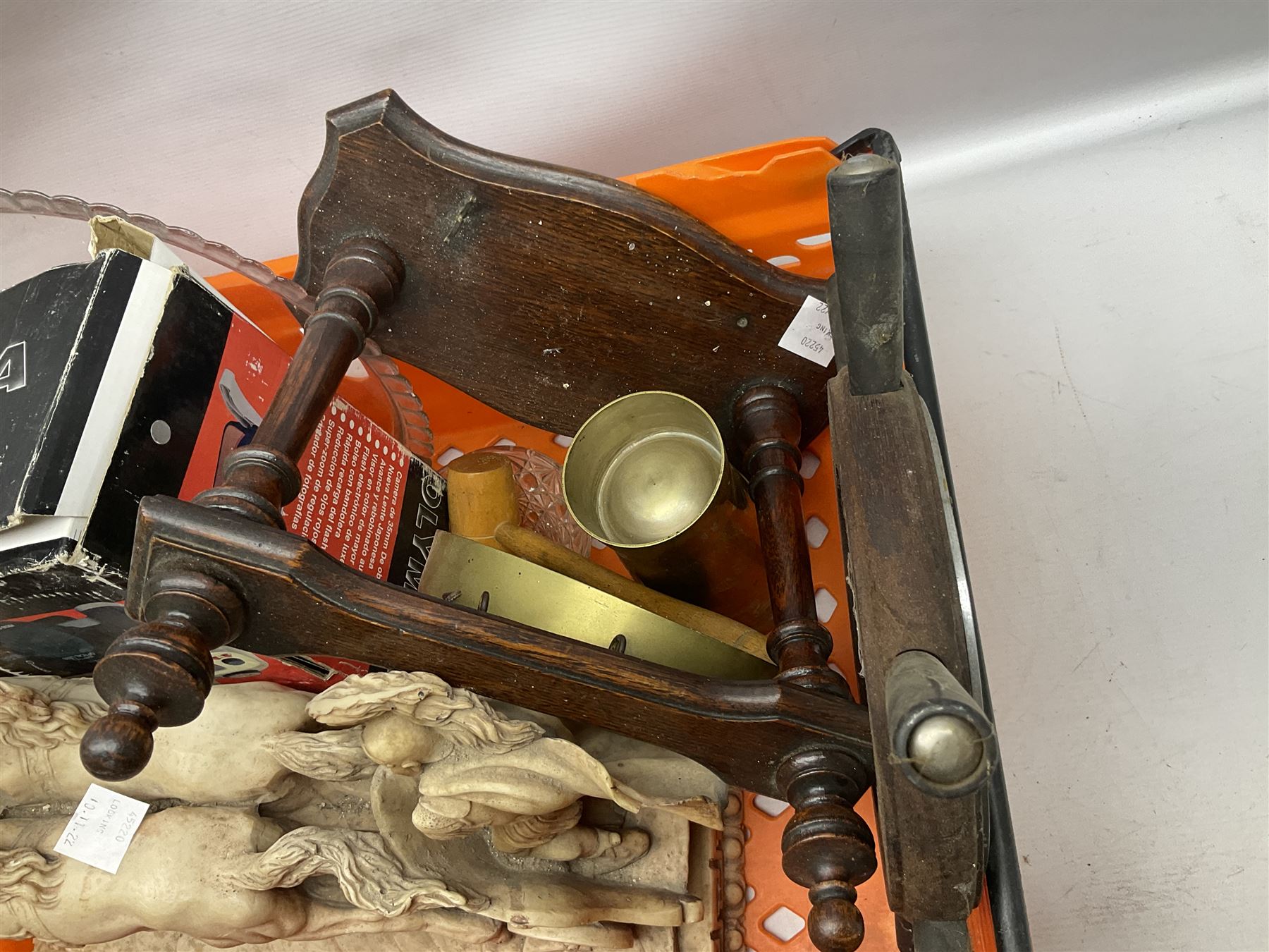 Composite figure of a Roman chariot, together with Olympia NK4040 camera, sewing machine and other collectables, in two boxes  