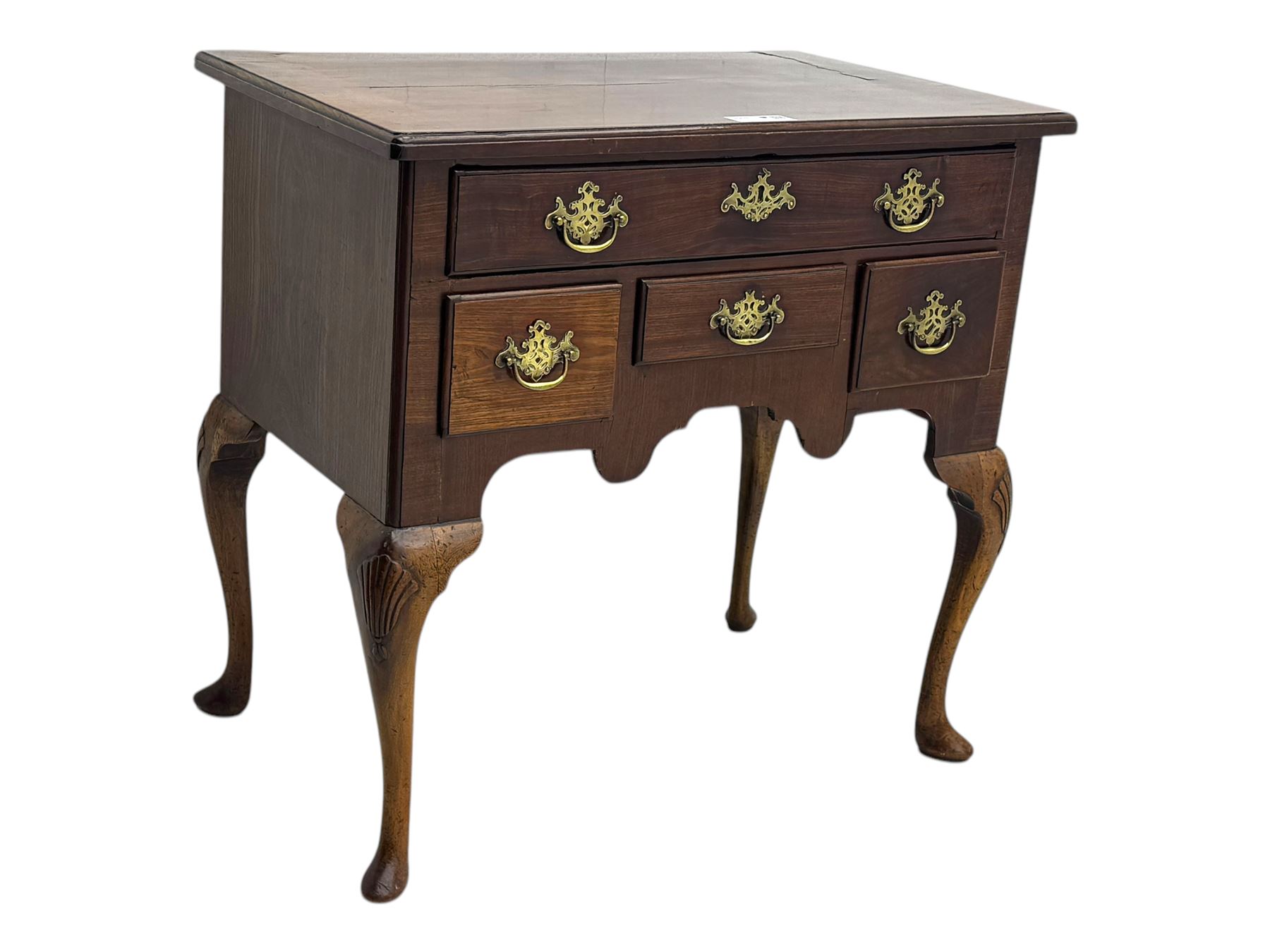 18th century mahogany low-boy, moulded rectangular top over one long and three short drawers, shaped apron over shell carved cabriole supports 