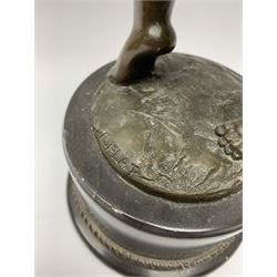 After E Plat, bronze modelled as a dancing child, signed E. Plat, upon cylindrical black marble base, H40cm