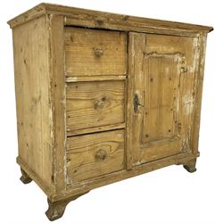 19th century pine cupboard, fitted with panelled cupboard and three drawers, on bracket feet