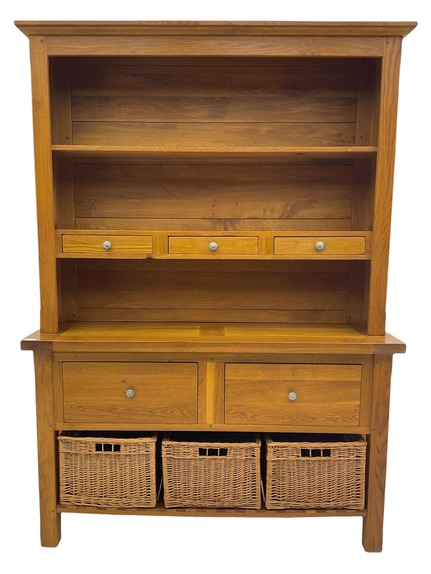 Manor Oak - light oak dresser and rack, fitted with two shelves with three drawers, two deep drawers and pot baked base with basket storage