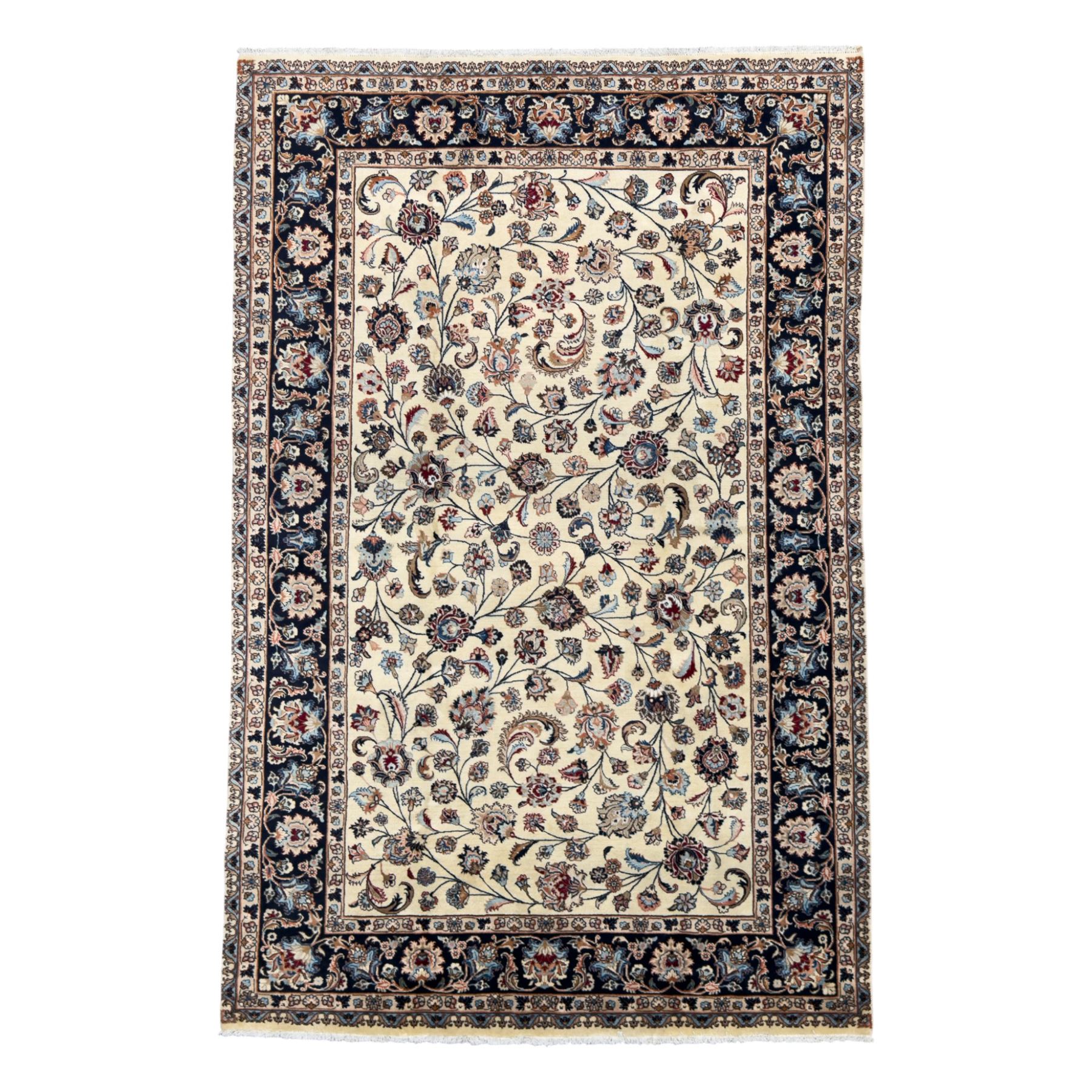 North East Persian Meshed hand-knotted rug, ivory field with scrolling vines, palmettes, and rosettes in shades of blue and brown, within a dark blue border of palmettes and flowerheads between multiple guard stripes, with cotton fringe ends  