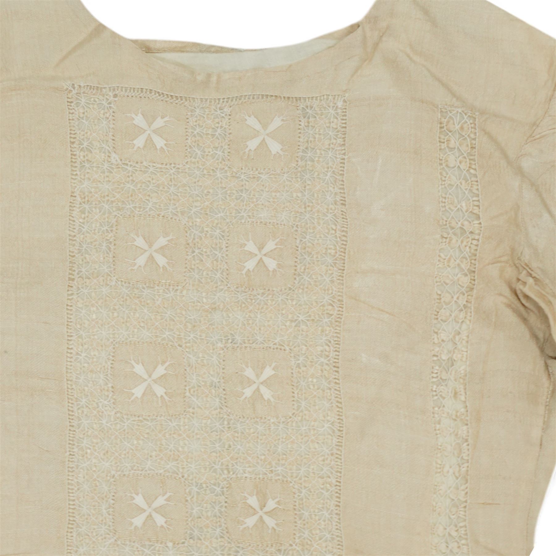 Two Edwardian childrens or ladies bodices and skirts, in cream with panels of contrasting  lace detailing (2)