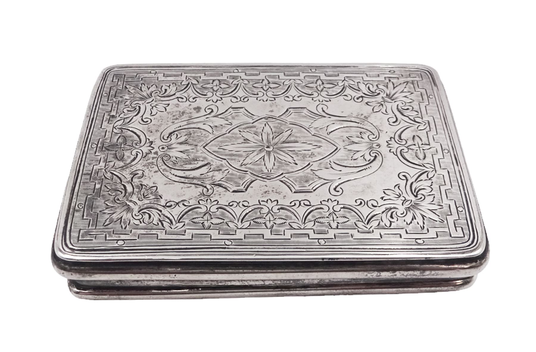 Late Victorian silver snuff box, of rectangular form, engraved with flowers and scrolls, within geometric borders, hallmarked Eustace George Parker, Birmingham 1899, stamped beneath Pearce & Sons Silversmiths, Leeds, W7.6cm