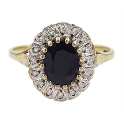 9ct gold oval cut sapphire and diamond cluster ring, hallmarked