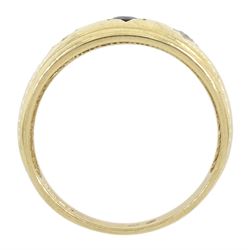 9ct gold three stone gypsy set blue and white cubic zirconia ring, hallmarked