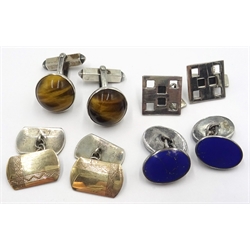  Four pairs of silver cuff-links including lapis lazuli and tigers eye, all stamped  