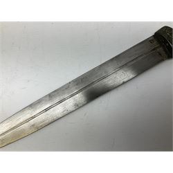 19th century Khanjali dagger, 33.5 cm double edged fullered blade with stamped makers marks, ornate cast grip, with engraved white metal scabbard, 46cm overall
