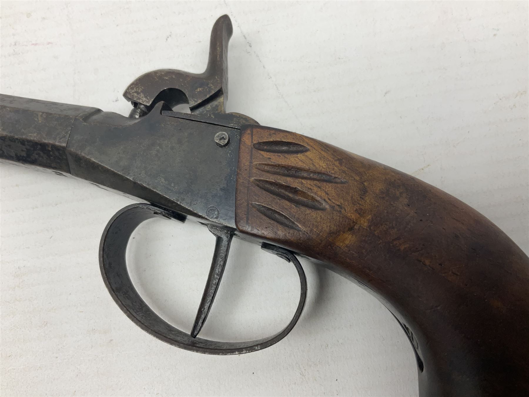 Percussion pocket pistol, 9cm octagonal barrel with German proof marks, figured walnut stock 21cm overall