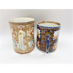 Two late 18th/early 19th century Chinese export tankards, each with dragon moulded handle, decorated in polychrome enamels with large figural panel, and smaller panels of birds and landscapes, within foliate and diaper work grounds, largest example H12cm D9cm