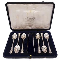 Early 20th century set of six silver Chippendale VI pattern teaspoons and sugar tongs, hallmarked Reid & Sons Ltd, London 1915, in fitted case detailed 'Reid & Sons' to interior silk lining, approximate silver weight 3.8 ozt (98.8 grams)