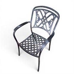 LeisureGrow - cast aluminium circular garden table, lattice design top, black finish; and six matching chairs with openwork back, complete with seat cushions and adjustable parasol