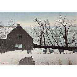Peter Brook (British 1927-2009): 'Christmas by an Empty Pennine Farm', 'Red Sky at Night', and 'A Greeting', set three colour prints on Christmas cards signed in pencil 21cm x 30cm (3)