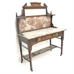 Victorian marble top washstand, raised shaped tile and mirror back, single drawers, turned supports joined by undertier, W108cm, H140cm, D52cm