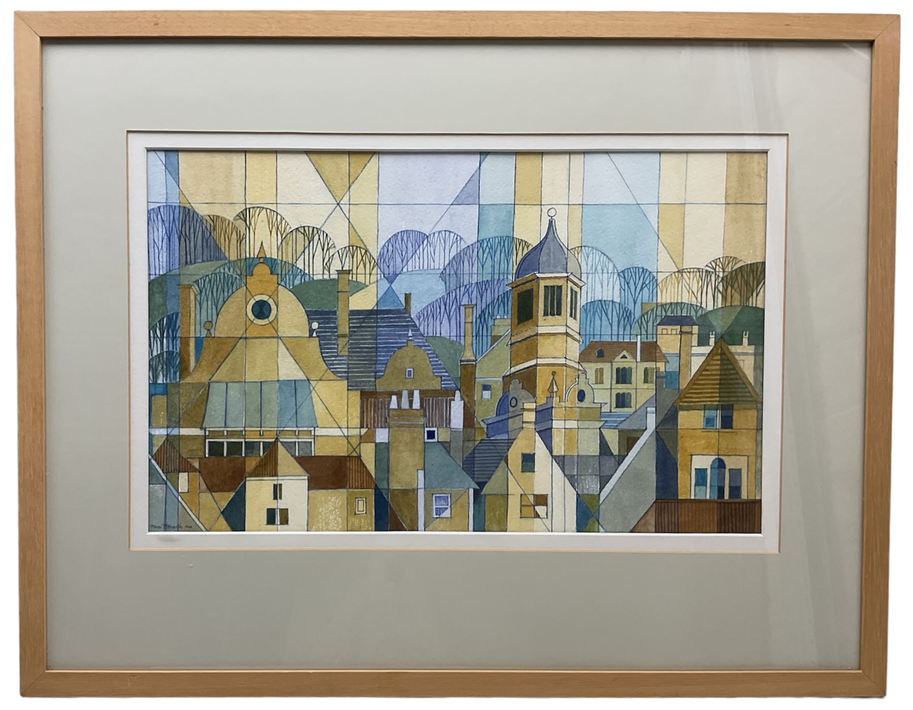 Pam Pebworth (British 1931-2019): Geometric 'Townscape', watercolour signed and dated 2000, 30cm x 49cm