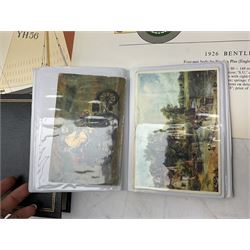 Set of four framed coloured prints humorous fire brigade related, after Chris Reynolds, together with Brooke bond picture cards, to include Asian wild life, the race into space, travel through the ages etc