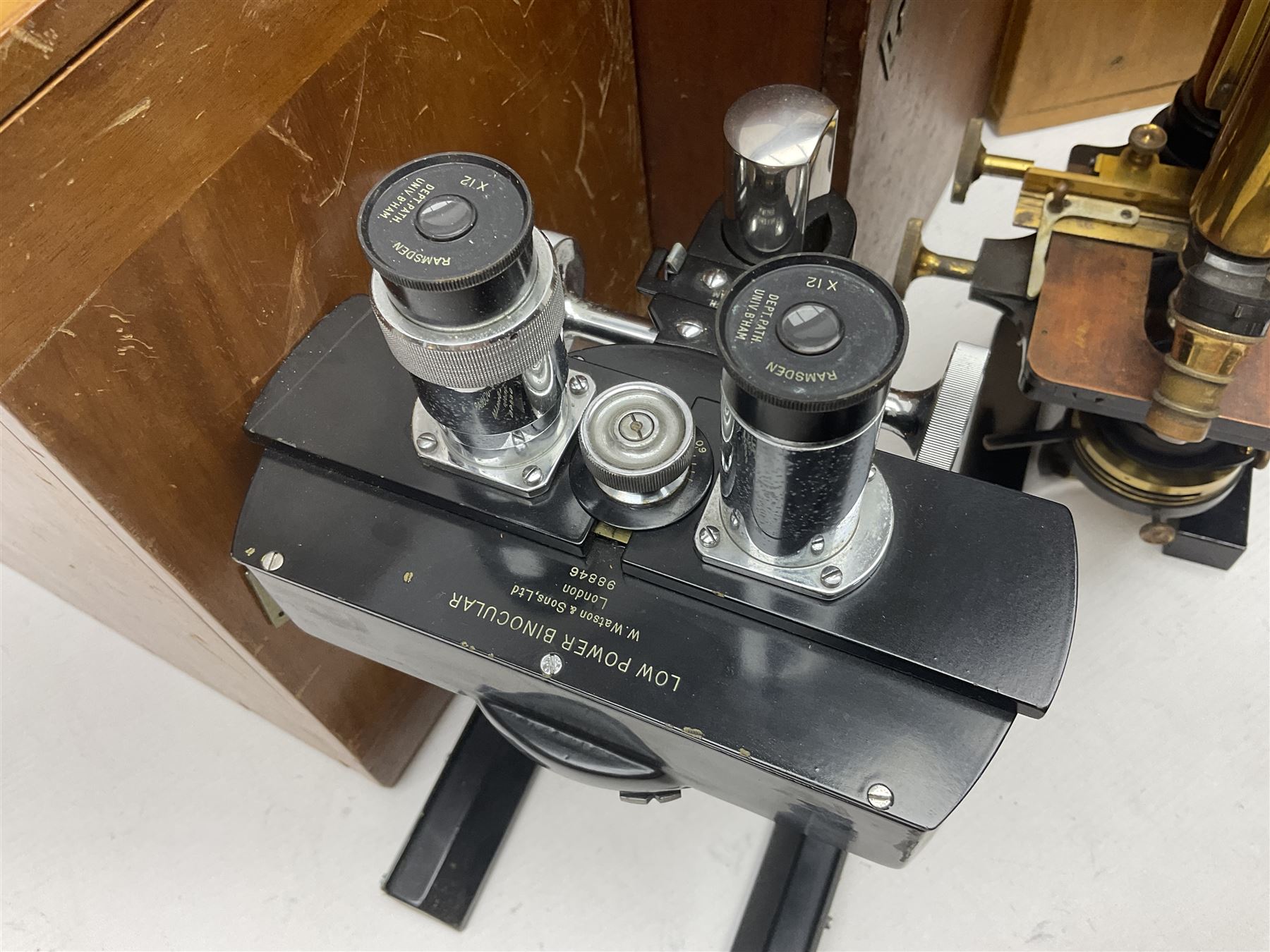 Three W. Watson & Sons microscopes, comprising Kima no 58173, Low power binocular no 98846 and High power binocular no 103144, all boxed 