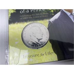 Commonwealth Of The Bahamas 1978 silver proof ten dollars coin with certificate, Queen Elizabeth II Turks and Caicos Islands silver twenty crowns coin in commemorative first day cover, The Royal Mint United Kingdom 2018 'Celebrating the 70th Birthday of HRH The Prince of Wales' five pound coin in card folder and 2022 The Snowman and The Snowdog coloured fifty pence coin