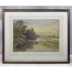Sir Ernest Albert Waterlow (British 1850-1919): 'A River Landscape with Cattle on the Banks', watercolour signed with initals and dated '95, titled on label verso 26cm x 38cm 