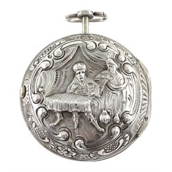 George III silver repousse pair cased verge fusee pocket watch by Samson, London,  No. 20384, square baluster pillars, the enamel polychrome dial depicting a sailor and sweetheart saying farewell, Roman hours and outer Arabic minute ring, inner case by James Richards, London 1793, the outer case depicting figures in an interior setting, with scroll borders interior scene makers mark T.P possibly Thomas Pepper