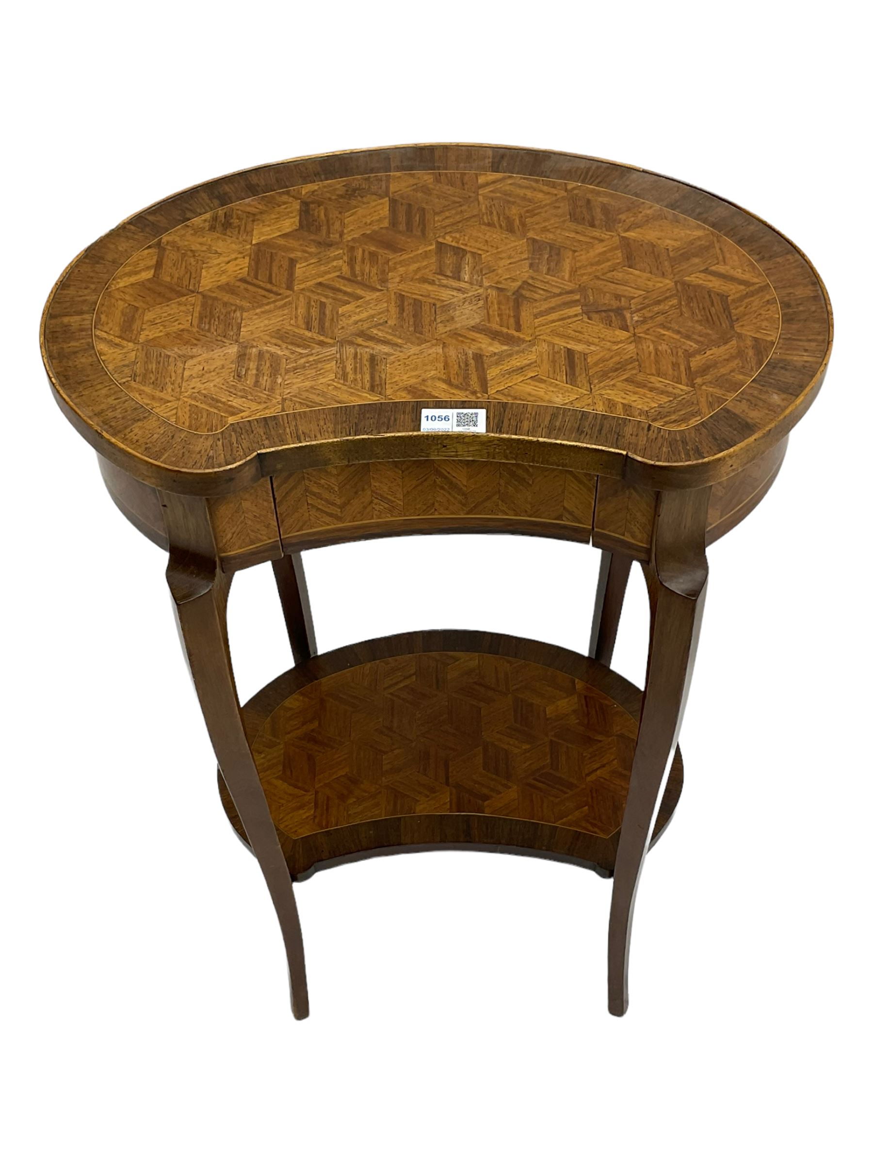 French style walnut parquetry kidney shaped table, fitted with frieze drawer, on cabriole supports united by undertier