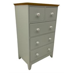 Chest of drawers, fitted with two short and three long drawers, finished in duck egg blue with oak top