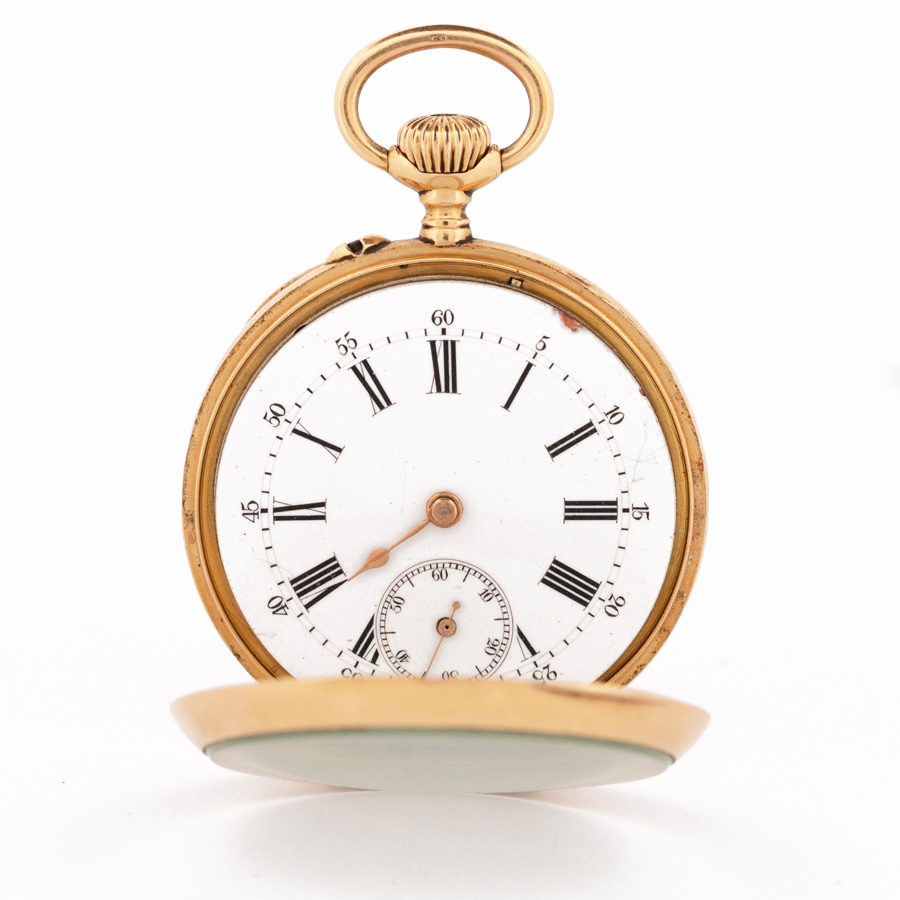 Early 20th century 18ct gold open face keyless lever fob watch by A. Bornand, Montreux, No. 6907, white dial with Roman numeral hour markers, sixty minute outer ring and subsidiary seconds dial, case with engraved foliate decoration and empty cartouche, stamped 18K with Helvetia hallmark
