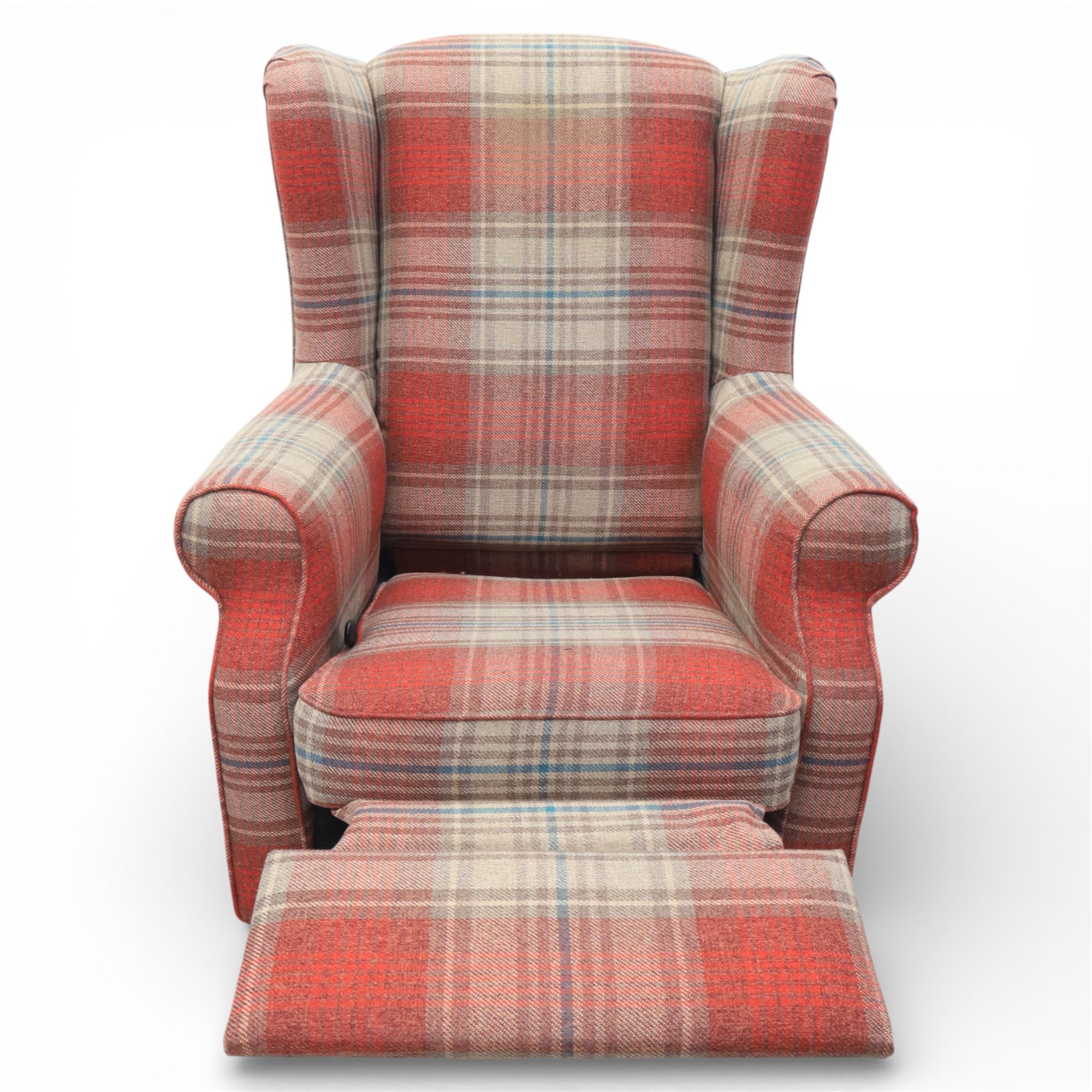 Next Home - Contemporary wingback reclining armchair, high winged back with padded sides, scroll arms, upholstered throughout in red and beige check fabric, loose seat cushion, fitted with a reclining mechanism, raised on short turned wooden 