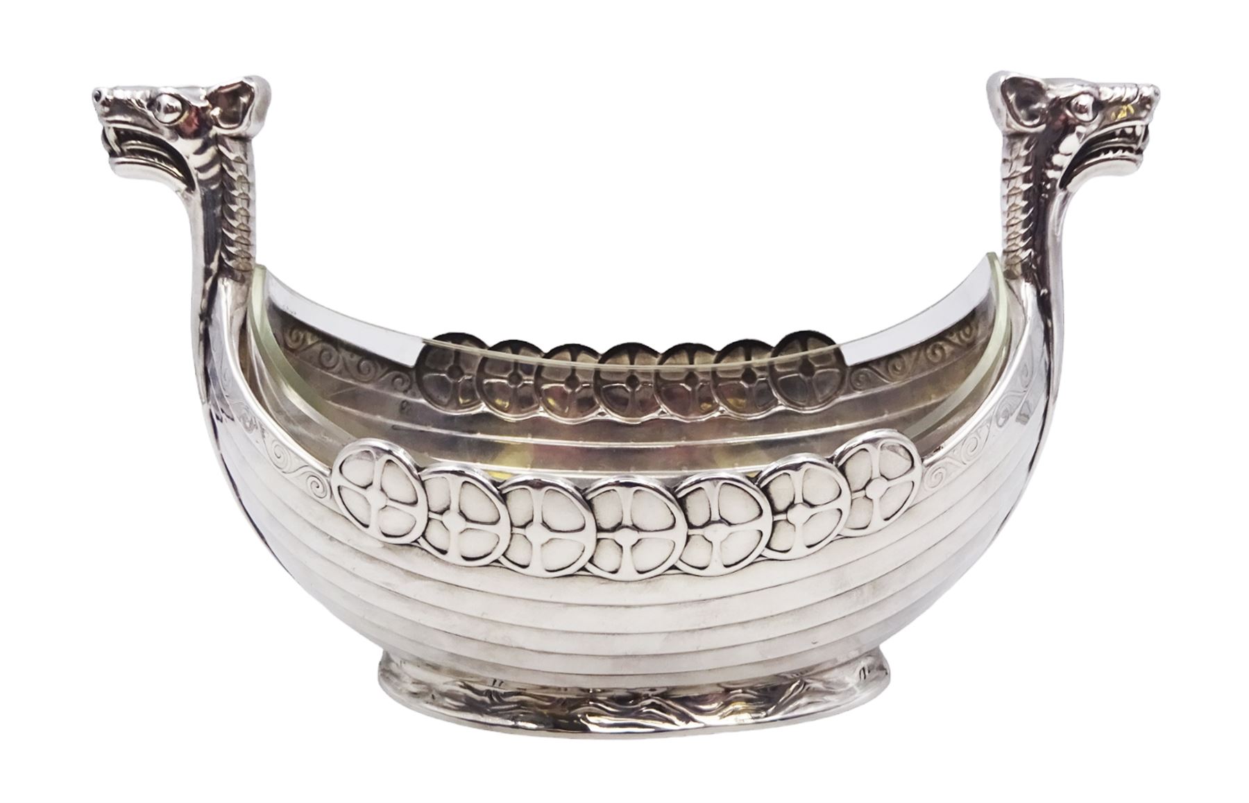 Silver plated novelty sugar bowl, in the form of a viking longship, with clear glass liner, stamped Alpacca to base, H15.5cm