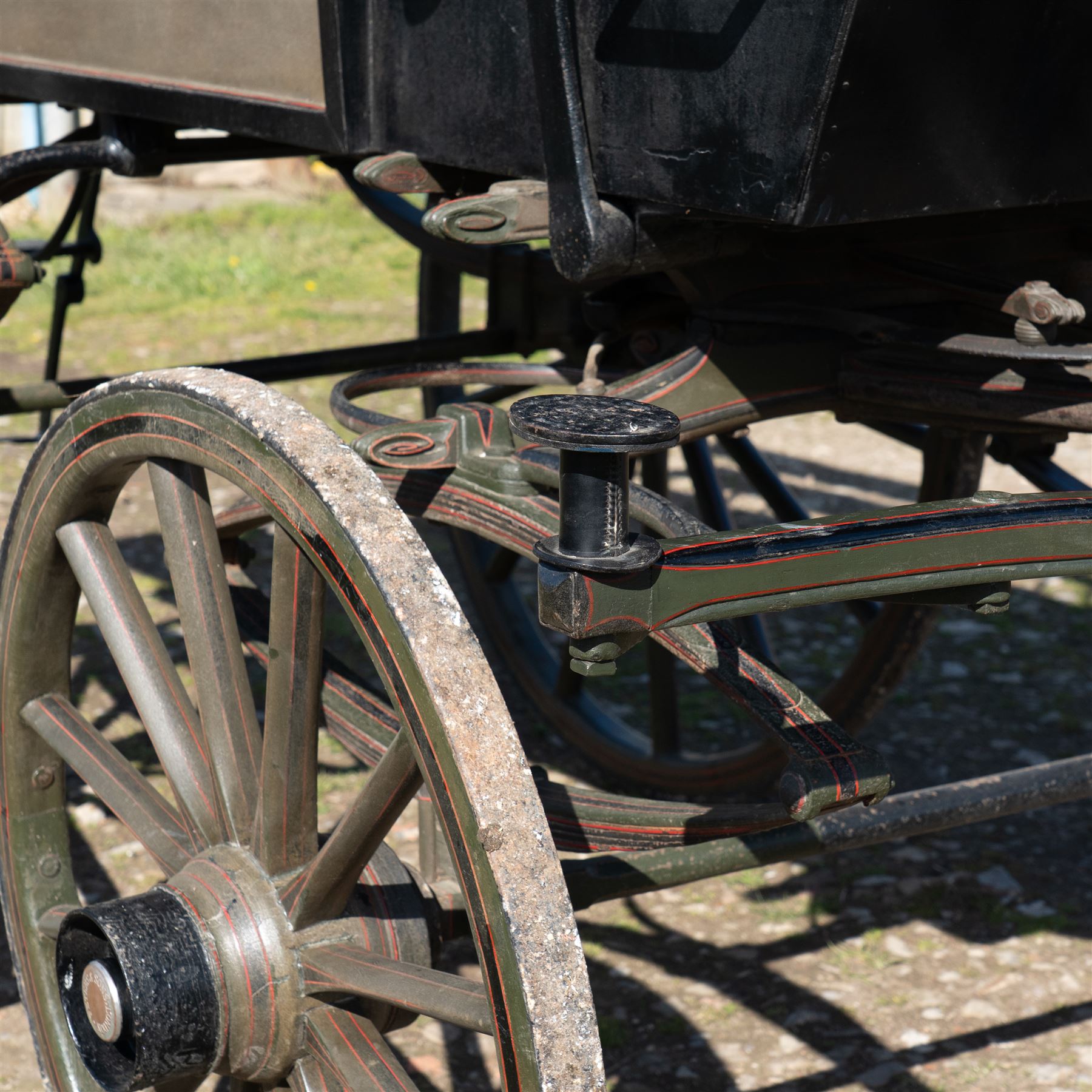 The Zetland Body Break by Peters & Sons, London

A fine and substantial late nineteenth century body break by Peters & Sons of London, circa 1880, formerly owned by the Marquis of Zetland. The carriage is finished in dark olive green and black with red, black and yellow lining, and is fitted with an elevated coachman’s box seat above a forward luggage compartment. The open rear body is entered by side doors and arranged with opposing longitudinal passenger seating.

The carriage is mounted on English pattern wooden artillery wheels with iron tyres and is carried on full elliptic springs, with a transverse helper spring behind. The front axle is fitted with fifth wheel turntable steering. The rear passenger compartment has upholstered longitudinal side benches beneath padded back rails, with turned spindle upper panels to the side doors and rear handrails. The driver’s seat is upholstered in corded fabric and secured with leather retaining straps.

Details include shaped splinter bar and turntable, folding rear step below the door with leather covered interior handle, luggage rails to either side, pole fittings for use with a pair or team of horses, and a handbrake with brake blocks operating to both rear wheels. The wheel hubs are fitted with polished hub caps engraved “Peters & Sons, London”. The exterior retains small Zetland family crests to the side panels.

The carriage has been conserved by Woods of Fairbourne Carriages Ltd and is recorded as Lot 146 in The George Shaw Collection sale, 5 November 2003, where it was catalogued as The Zetland Body Break and described as having previously been owned by the Marquis of Zetland.

Features
• Peters & Sons, London coachbuilder’s hub caps
• Known as The Zetland Body Break
• Formerly owned by the Marquis of Zetland
• Circa 1880
• Conserved by Woods of Fairbourne Carriages
• Dark olive green and black bodywork with red, black and yellow lining
• Elevated coachman’s box seat
• Forward luggage compartment
• Open rear passenger body with side doors
• Opposing longitudinal passenger seating
• Turned spindle upper panels to the side doors
• Folding rear step with leather covered interior handle
• Full elliptic spring suspension with transverse helper spring behind
• Fifth wheel turntable steering
• Handbrake with brake blocks operating to both rear wheels
• Wooden artillery pattern wheels with iron tyres
• Shaped splinter bar and pole fittings for a pair or team of horses
• Small Zetland family crests to the side panels

Provenance
The George Shaw Collection, 5 November 2003, Lot 146. Previously owned by the Marquis of Zetland.

Conservation

Conserved by Woods of Fairbourne Carriages.

Dimensions:
Overall length: 310 cm
Width: 176 cm
Height: 226 cm

Front wheel diameter: 98 cm
Rear wheel diameter: 140 cm

Seating:
Driver's box seat: 2 persons

Rear passenger compartment: Two longitudinal benches accommodating approximately 8 to 10 passengers