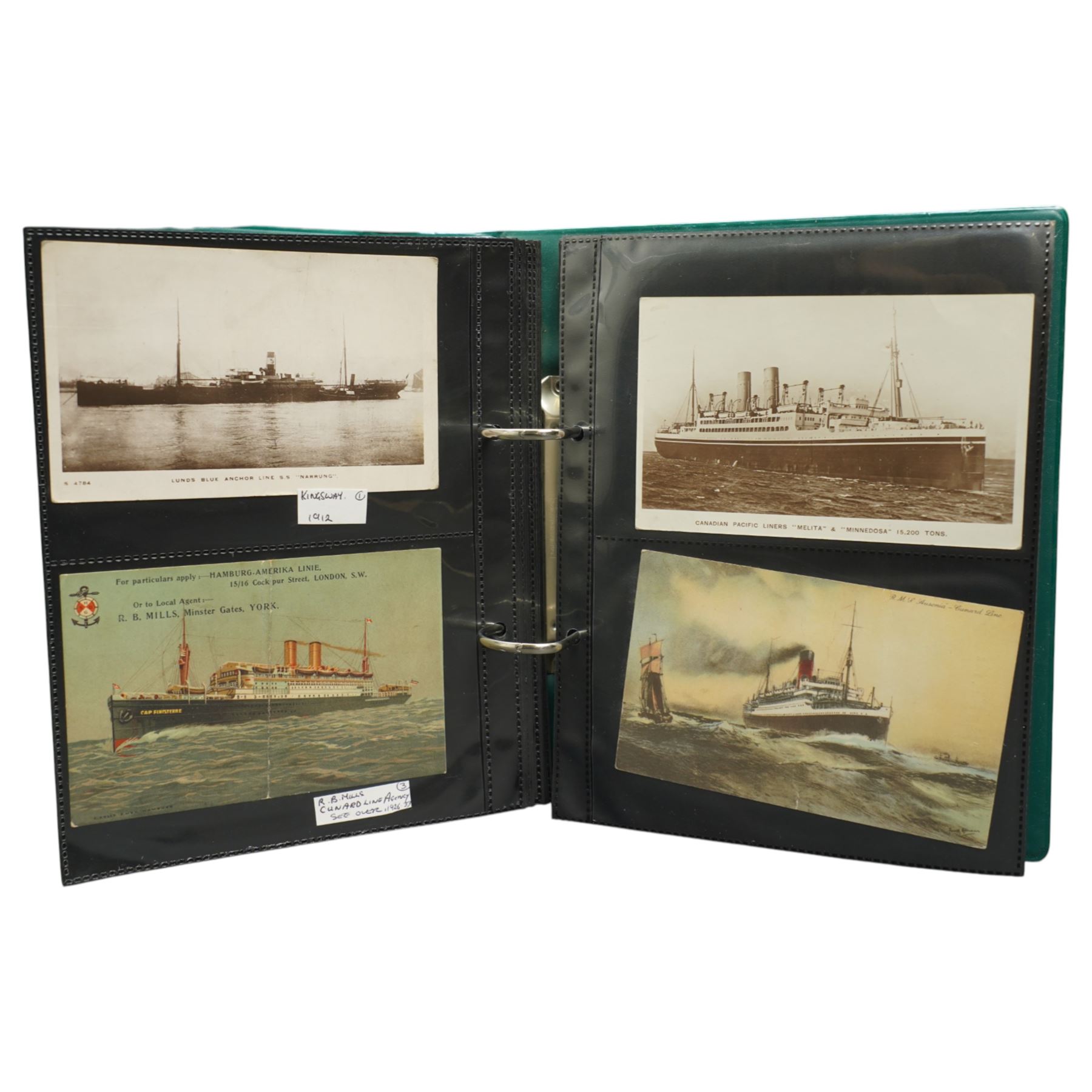 Postcard album of railway cards, another of aeroplanes and ships and an album of Stengal and other German cards