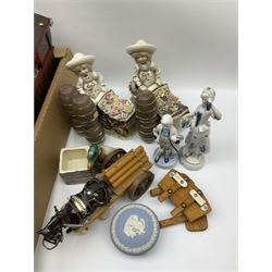 Collection of figures and ceramics, including pair of ceramic girls with wheel barrows, ceramic shire horse with cart, Wedgwood jasperware trinket box etc. 