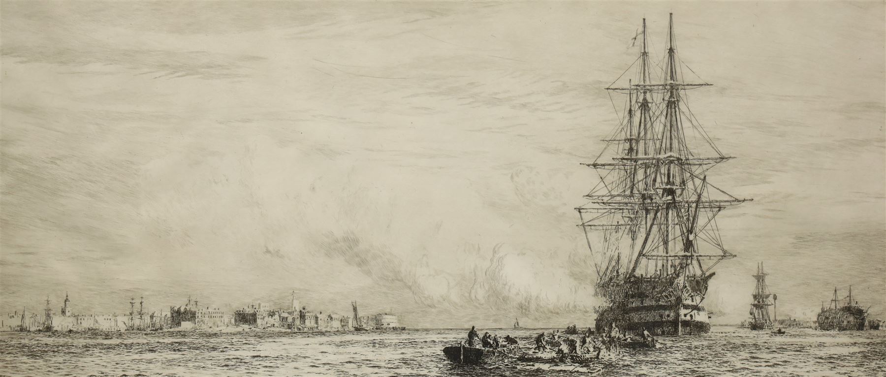 William Lionel Wyllie RA RWS (British 1851-1931): HMS Victory in Portsmouth Harbour, drypoint etching signed in pencil 21cm x 48.5cm
