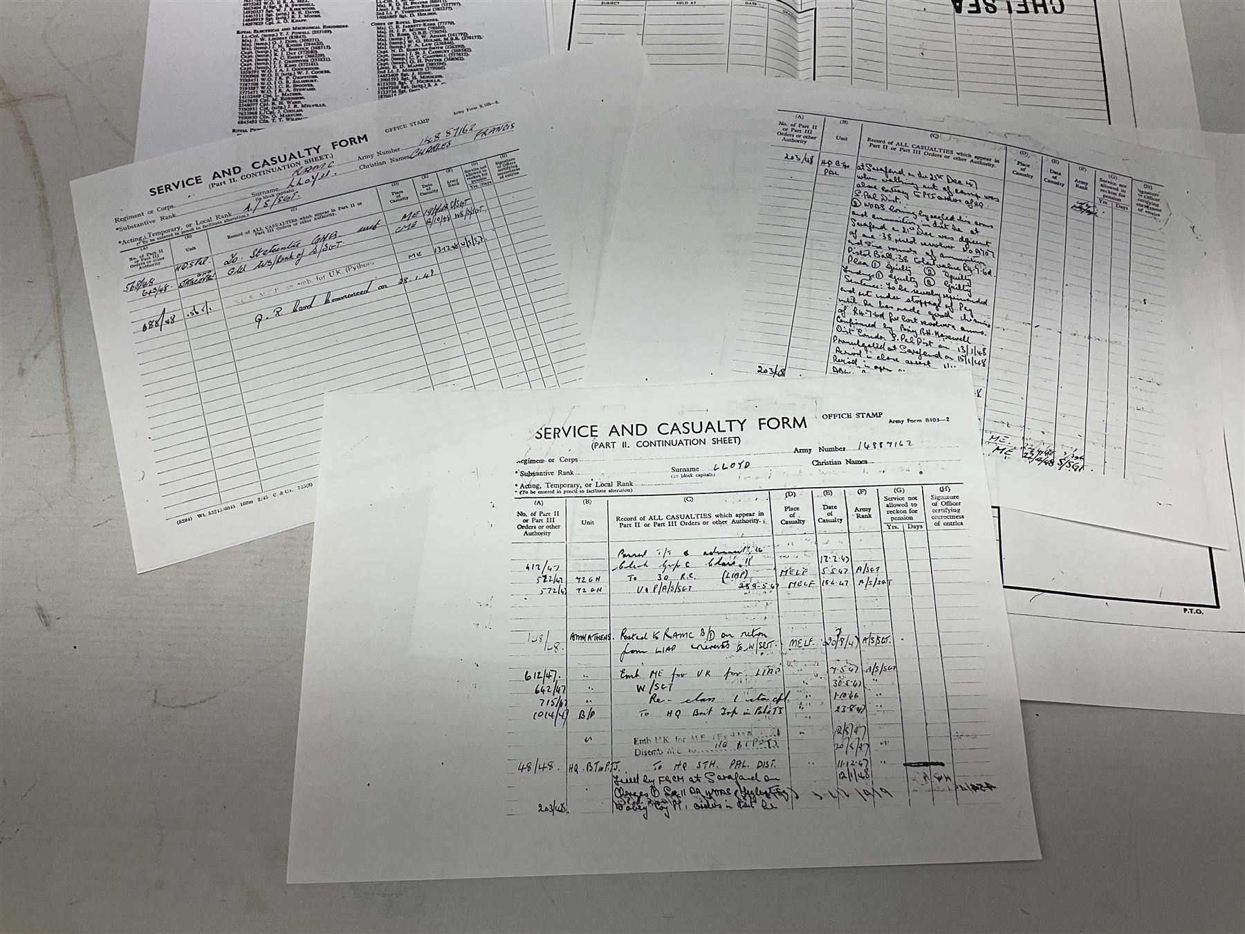 George VI General Service Medal with two clasps for Palestine 1945-48 and Cyprus and MID oak leaf awarded to 14887162 Sjt. C.F.A. Lloyd R.A.M.C. together with WW2 War Medal 1939-1945; both with ribbons; and quantity of photocopied research material including Army Records and London Gazette