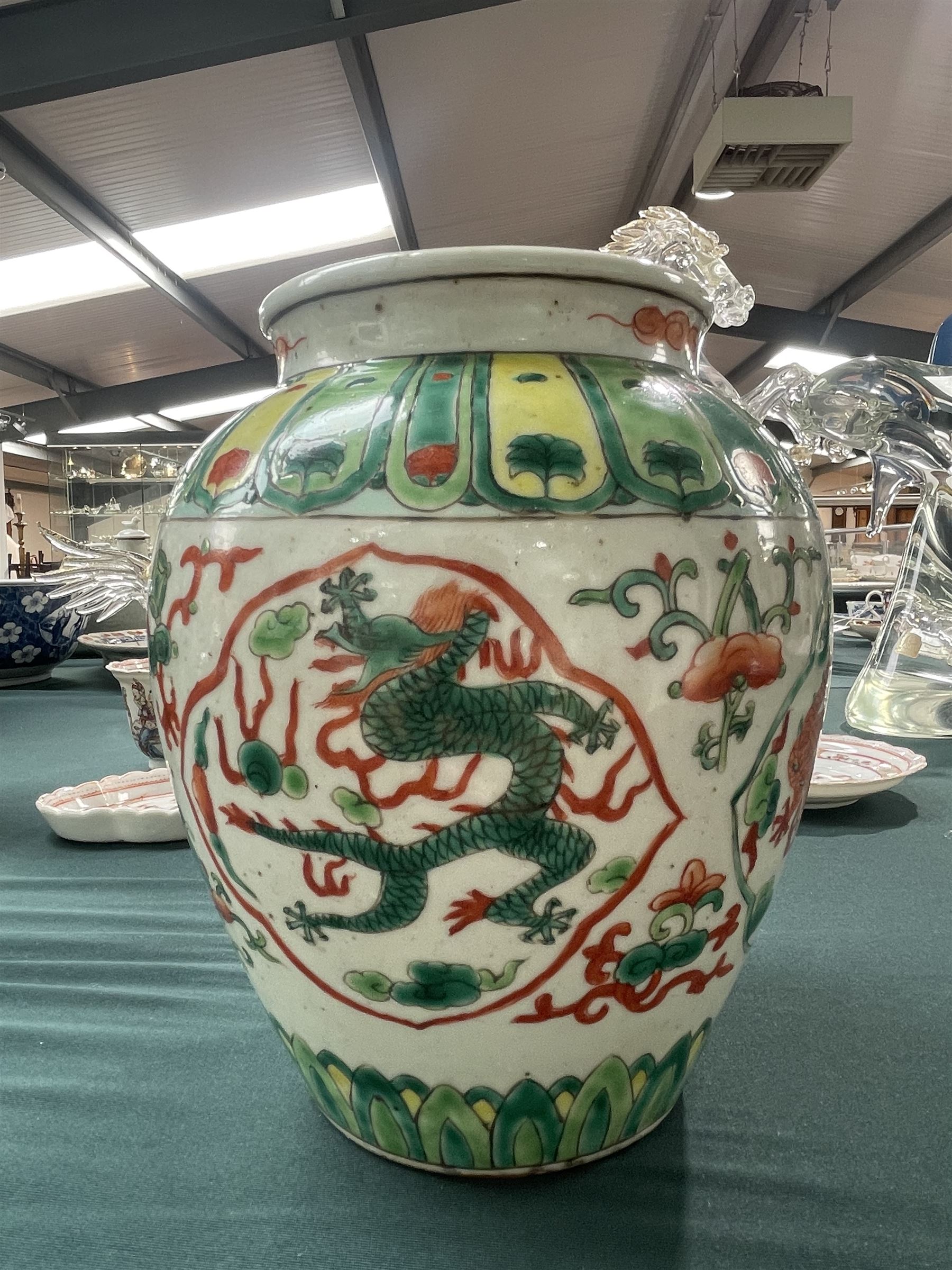 19th Chinese famille verte vase decorated with panels of dragons within a green and yellow lappet collar and foot, line of script beneath the collar 'Emperor Qi Tiaming...........' H17cm