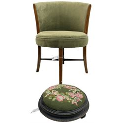 Edwardian mahogany framed tub-shaped chair (W53cm, H77cm); Victorian ebonised footstool with needlework upholstered top (D30cm) (2)