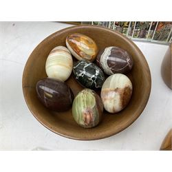 Quantity of cigarette cards to include three frames, and quantity of marble and agate eggs, turned wood bowls etc