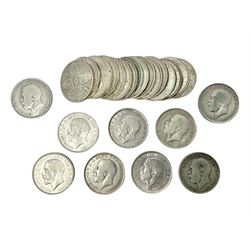Twenty-six King George V pre 1920 silver one florin coins, two 1915, two 1916, four 1917, seventeen 1918 and 1919, approximately 290 grams