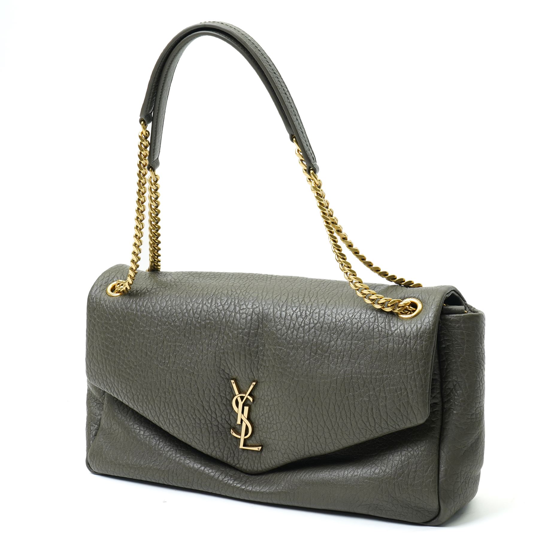 Yves Saint Laurent Calypso large shoulder bag, grey grained leather with envelope flap and gold-tone Cassandre monogram, sliding chain and leather shoulder strap, magnetic fastening, interior lined in black textile with zip pocket and leather brand tab stamped Saint Laurent Paris, made in Italy, together with original Saint Laurent dust bag, W37cm D10cm H22cm