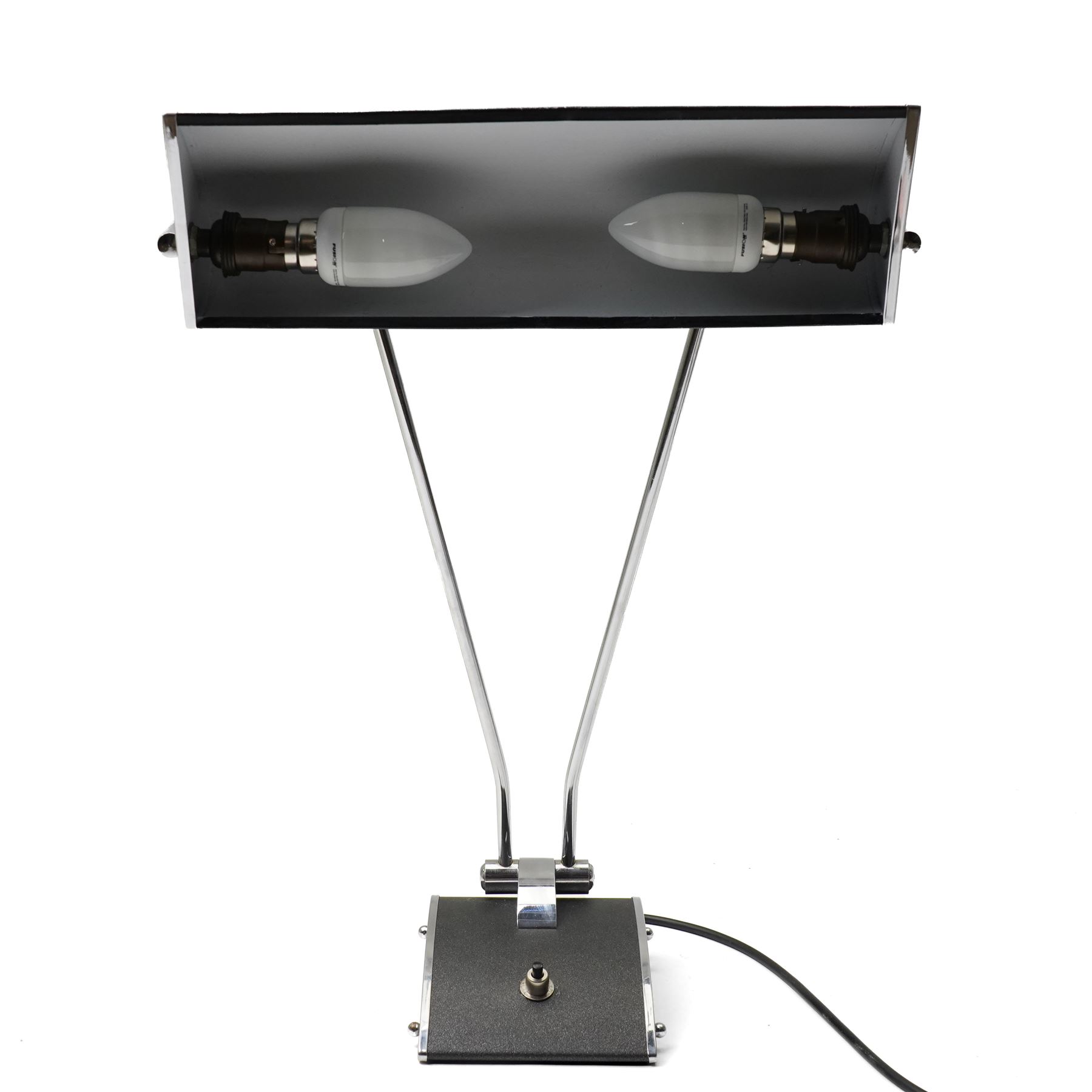 Eileen Gray (Irish, 1878–1976) for JUMO - black and chrome table lamp, curved rectangular shade with chrome end plates, supported on twin chrome rods over shaped black and chrome base with push switch, with 2025 PAT certificate, H45cm 
