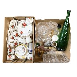 Royal Albert Poinsettia pattern part tea service, including tea cups, mugs, dessert plates, cake plate, together with James Kent plates, Crown Staffordshire Vermouth ceramic decanter label, glassware etc, two boxes 