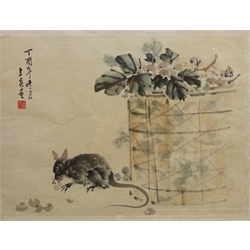  The year of the Rat, 20th century Chinese watercolour/ink on paper with character signature, Indian Ceremonial Scene, painted on silk and Exotic Birds, silk embroidery max 50cm x 34cm (3)  