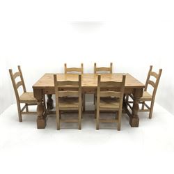 Solid pine rectangular dining table, baluster supports joined by stretchers (W182cm, H79cm, D92cm) and set six beech ladder back chairs, rush seat, square supports (W47cm)