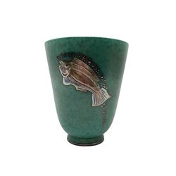 Wilhelm Kage (Swedish 1889-1960) for Gustavsberg: Argenta silver overlay vase decorated with a Fish, printed marks and numbered 978, H14.5cm 