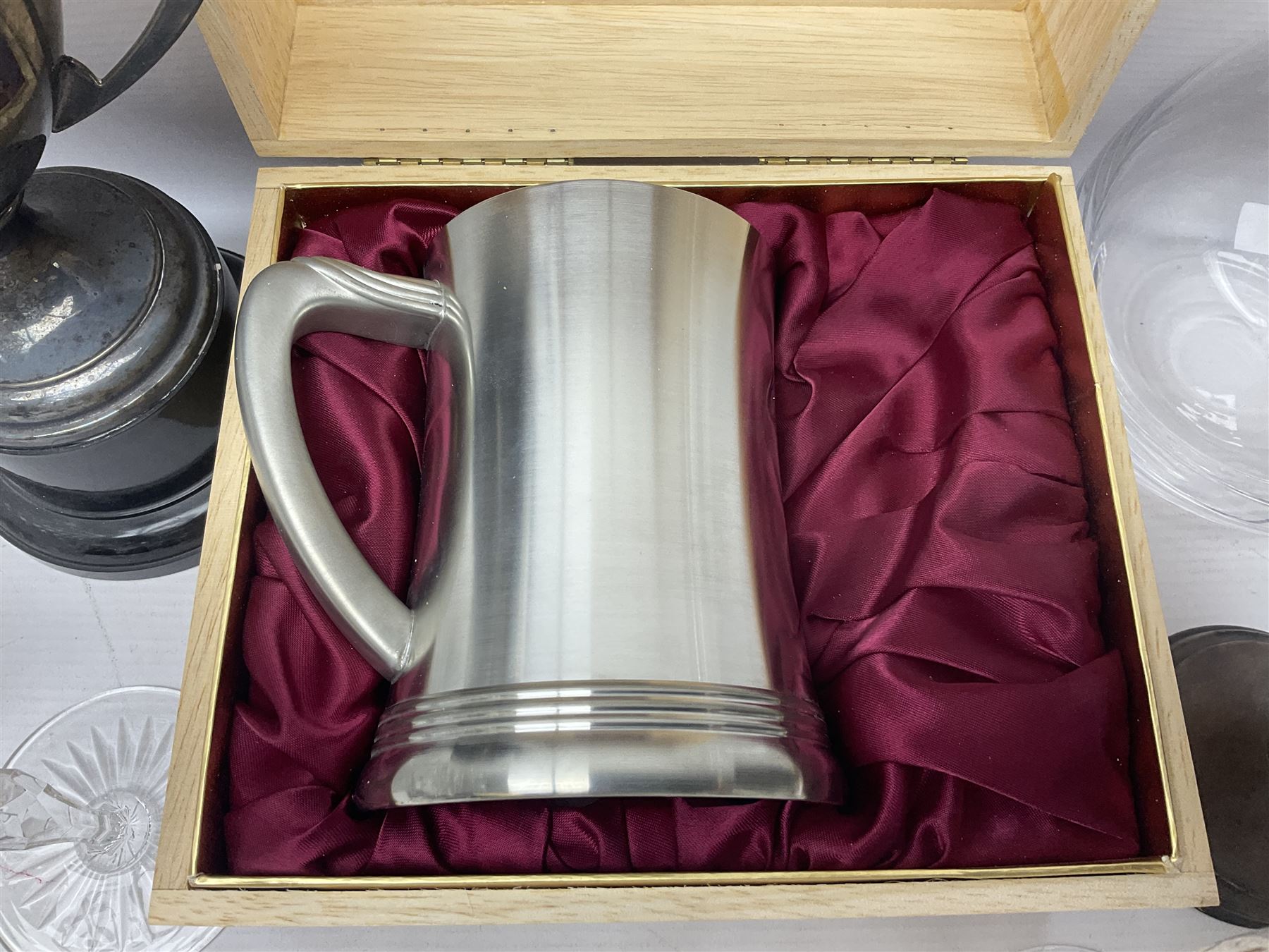 German Bleikristall decanter, set of six Stuart Crystal glasses, a Dartington Crystal decanter, christmas lights and a collection of pewter tankards, etc 