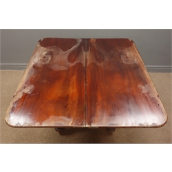  Regency mahogany folding tea table, turned column, platform base with turned and carved feet, W92cm, H75cm, D90cm  