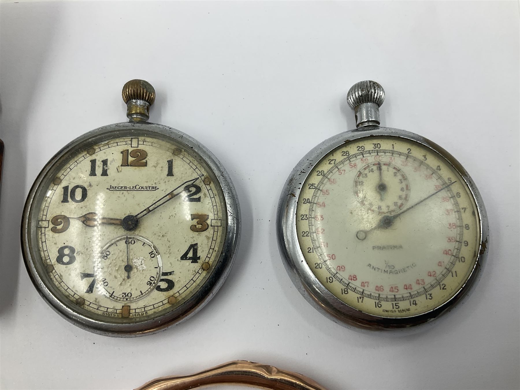 Jaeger-Le Coultre military pocket watch, the back case engraved G.S.T.P 037076, with broad arrow, together with a Pratima stop watch, 9ct gold bar brooch with clip, 9ct gold bangle with metal core, pair of gold plated spectacles and a set of Simmons sovereign scales, in original box