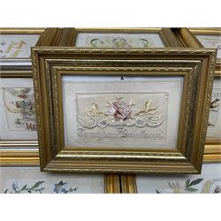 Collection of twenty eight, mostly WWI period embroidered silk greetings cards and postcards, including 'A kiss from France', good luck, sweetheart and Christmas examples, all within modern gilt frames