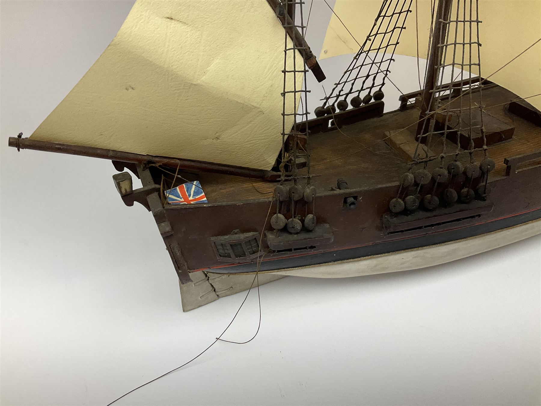 Late 19th, early 20th century, scratch built model of a three masted sailing ship with rigging, H50cm 